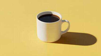 Obraz premium A simple white coffee cup filled with black coffee sits on a bright yellow surface, creating a vibrant contrast.