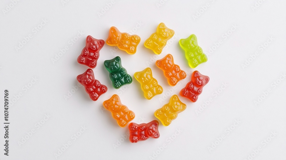 Poster Vibrant and Playful Heart Shaped Arrangement of Multicolored Gummy Bears Against a Simple Background Creating a Visually Appealing and Appetizing Candy Concept