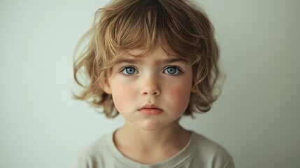 Naklejka premium A young child with an angry expression, standing against a plain, neutral background, showcasing raw emotion and intensity.