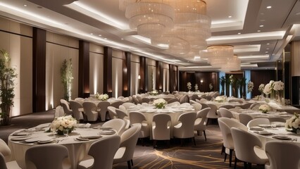 A sophisticated corporate event space that emphasizes a polished and premium ambiance with exquisite table sets and ambient