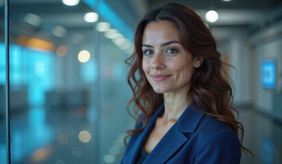 Obraz premium Confident businesswoman smiling warmly in modern office environment