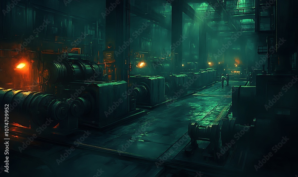 Poster a dimly lit industrial space filled with large containers, illuminated by eerie green and orange lig