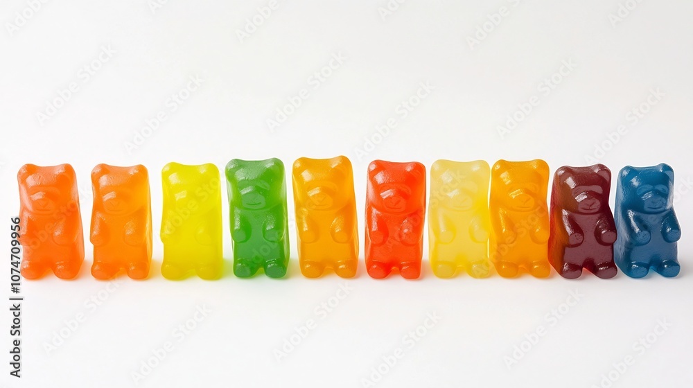 Fototapete Visually appealing arrangement of gummy bears in a gradient of bright vibrant colors forming a captivating spectrum display  The candy snacks are precisely aligned in neat rows creating a composition