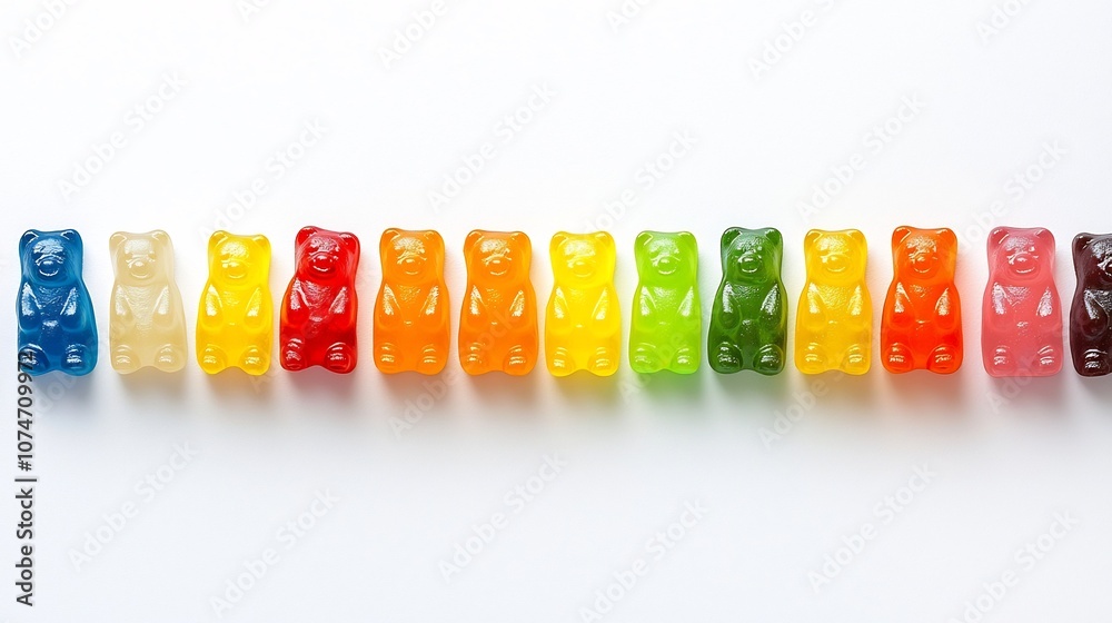 Fototapete Visually captivating arrangement of gummy bears in a gradient spectrum of vibrant colors creating a striking and appealing image for use in a variety of creative projects and designs
