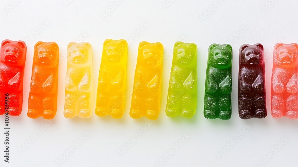 Fototapete Visually striking arrangement of gummy bears in gradient colors forming a vibrant spectrum across the image  The confectionery is displayed in a minimalist studio setting