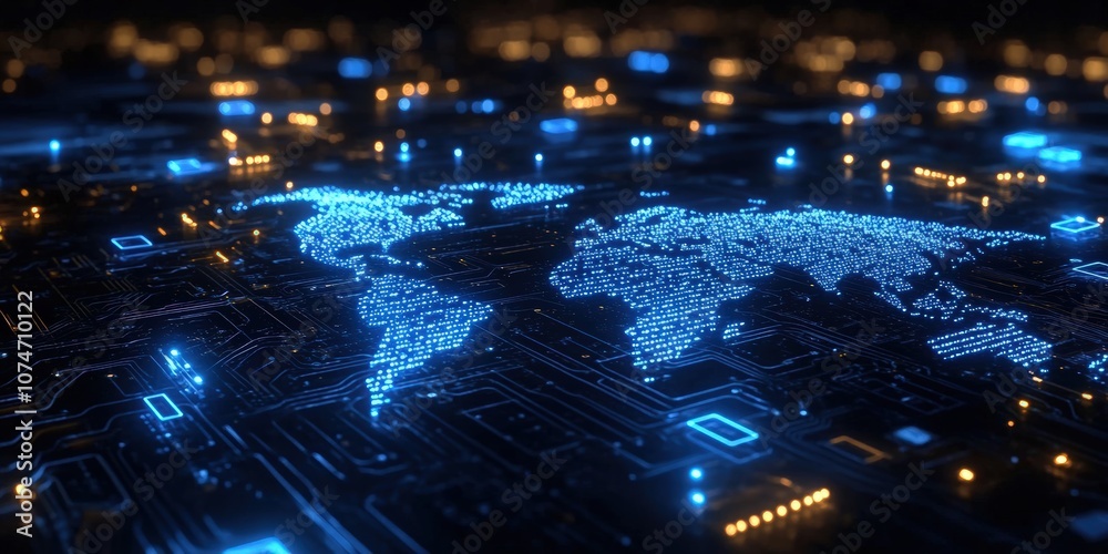 Poster modern digital world map with circuit patterns illuminated by led lights for global network and tech