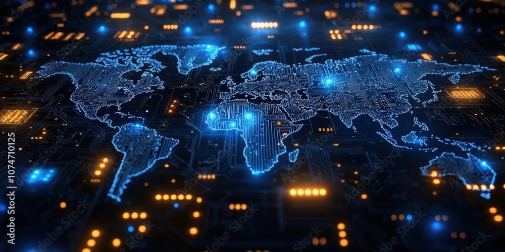 Poster digital world map visualization with circuit pattern and glowing lights representing global connecti
