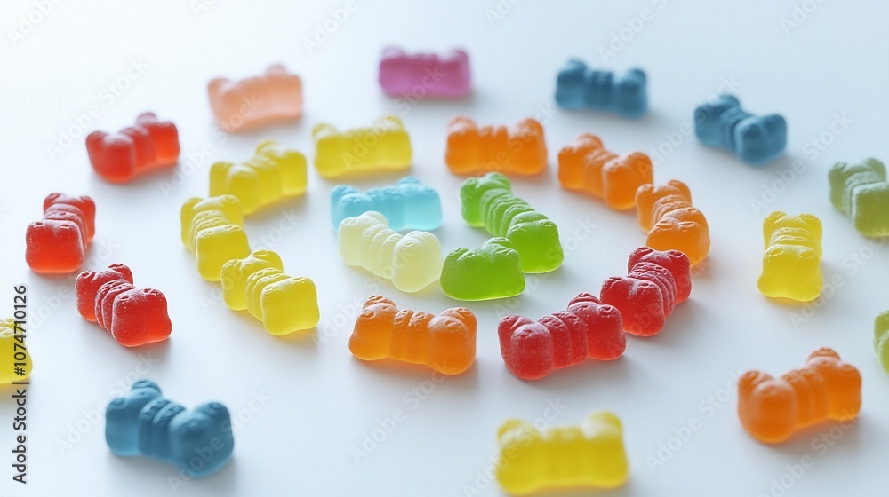 Poster colorful and playful spiral pattern of delightful gummy bears in a vibrant mix of flavors and hues c