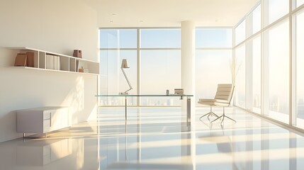 Fototapeta premium 83. A spacious, modern home office with a glass desk, bright natural light, and an empty space for a product