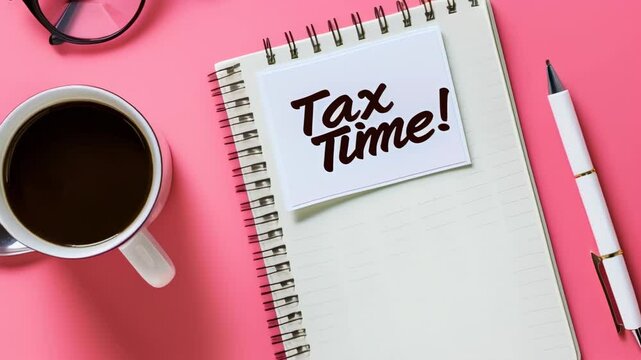 Spiral bound notebook displays a tax time notice, accompanied by a coffee cup, pen, and spectacles, arranged on a vibrant pink backdrop, creating a scene suggestive of tax season preparations