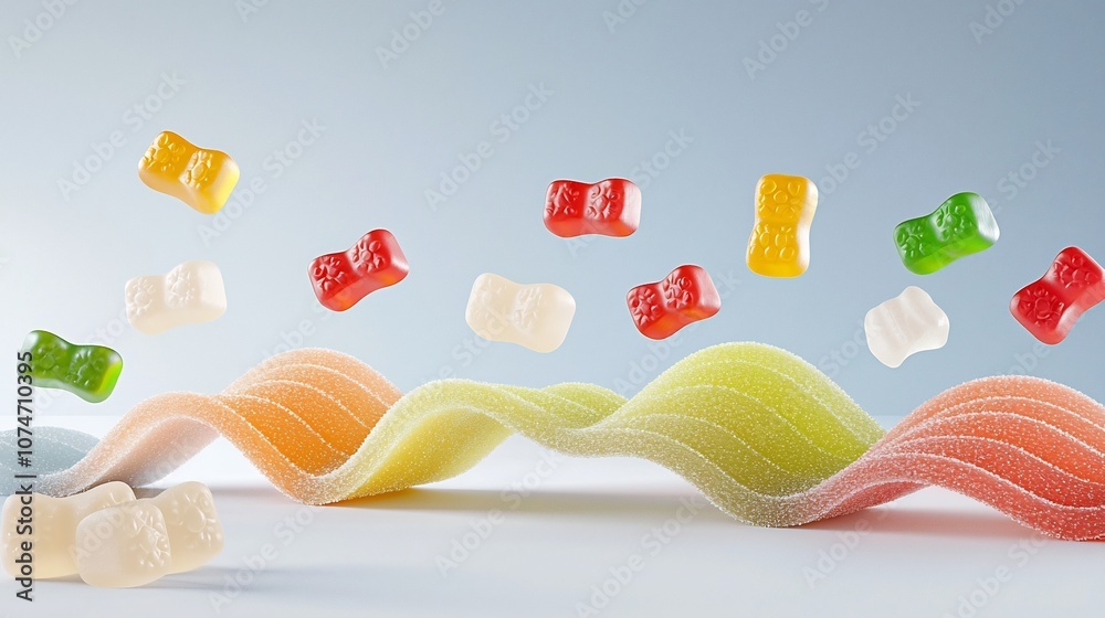 Poster Creative digital of gummy bears arranged in a dynamic wave like pattern showcasing a vibrant and eye catching display of bright colors and textures