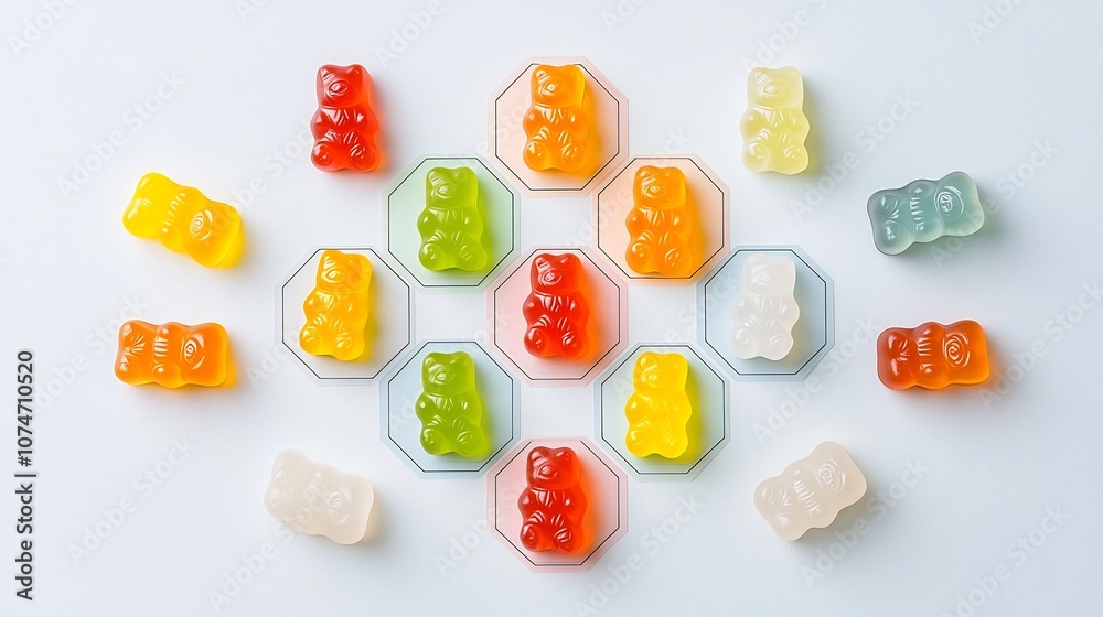 Aufkleber Visually striking arrangement of multicolored gummy bears forming a mesmerizing hexagonal pattern creating a minimalist and creative geometric design