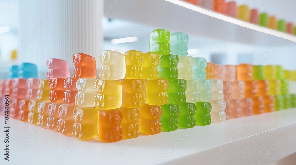 Aufkleber Vibrant gummy bears aligned in a captivating hexagonal pattern creating an eye catching and geometric abstract design