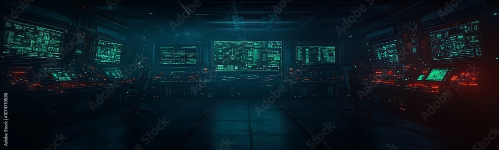 Poster A dimly lit futuristic room filled with glowing screens, displaying colorful data visualizations and digital patterns.