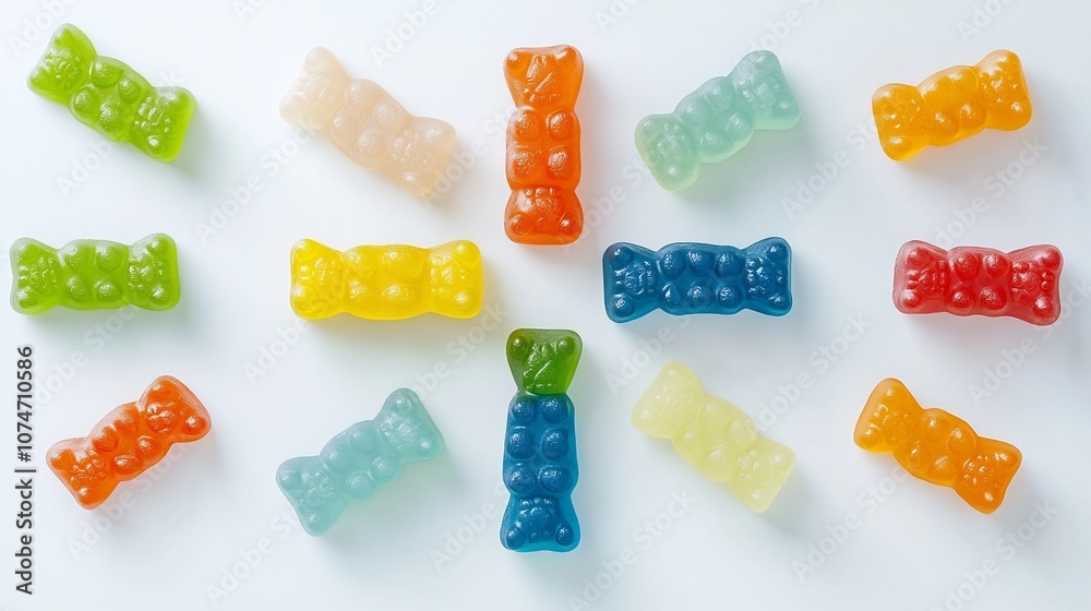 Fototapete Visually striking arrangement of a cross shape made from vibrant translucent gummy bears of different colors placed on a plain minimalist background highlighting the symmetry texture