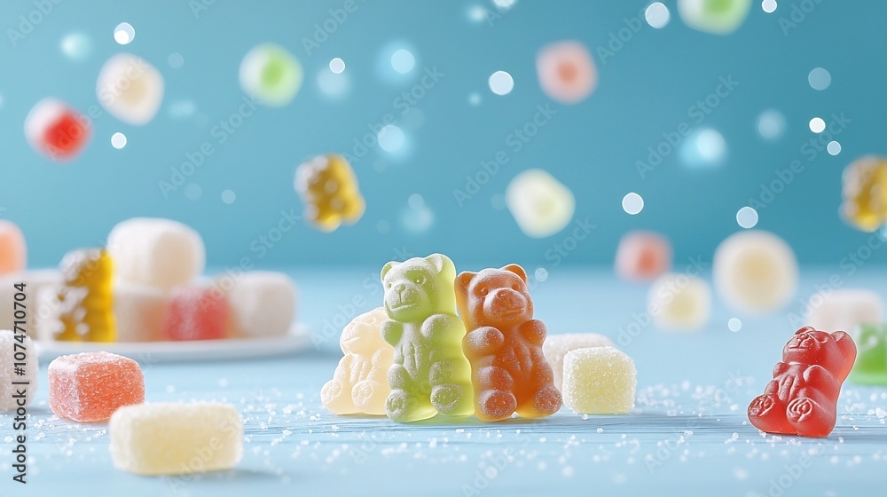 Aufkleber assorted gummy bears with vibrant colors and textures on a vivid blue background highlighted by beau
