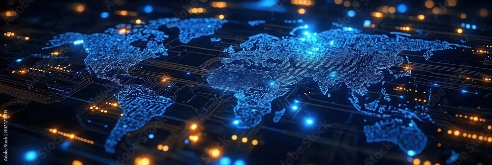 Poster futuristic world map visualization overlaid with circuit patterns and illuminated lights representin