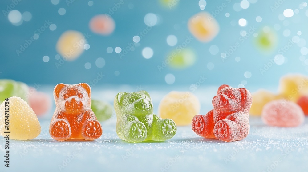 Poster Assorted Gummy Bears on a Vivid Blue Background Highlighted with Beautiful Bokeh Lighting that Enhances their Colors and Appeal  A Captivating and Mouthwatering Confectionery Snack Shot