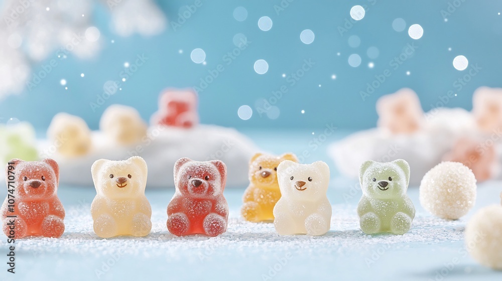 Poster Assorted vibrant gummy bears displayed on a vivid blue background highlighted with beautiful soft bokeh lighting that enhances the candy s colors and overall visual appeal