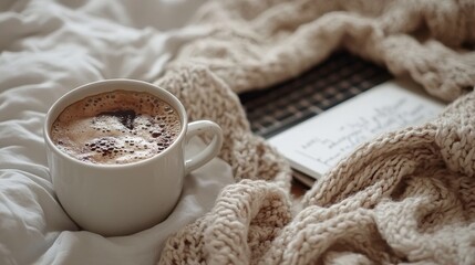 Cozy scene with coffee, blanket, and notebook.