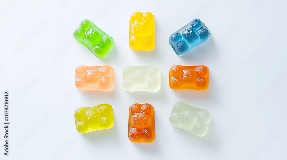 Aufkleber symmetrical cross shaped arrangement made from vibrant gummy bears of different colors displayed on 