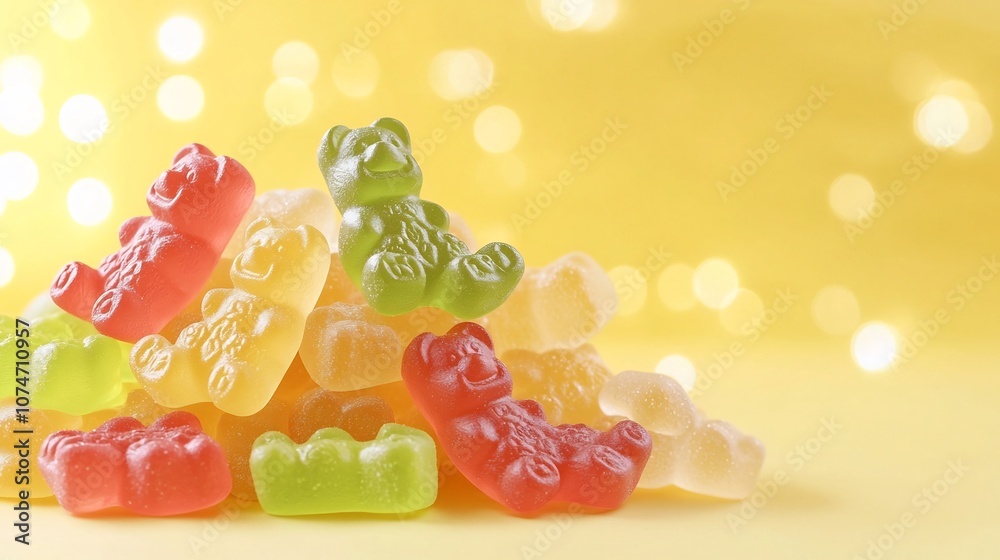 Fototapete delightful arrangement of colorful gummy bears stacked in a radiant pile against a luminous glowing 
