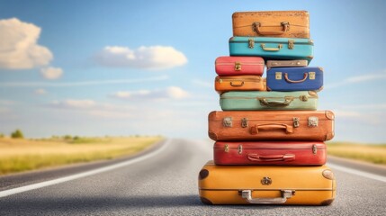 Stacked vintage suitcases on a road.