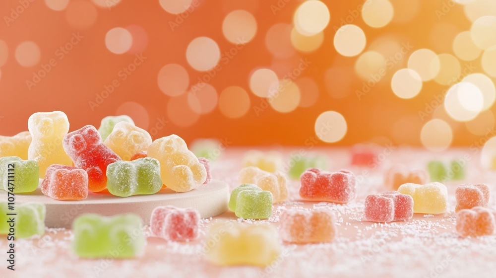 Leinwandbilder Delightfully Vibrant and Colorful Gummy Bears Arranged on a Striking Neon Orange Background with a Beautiful Bokeh Effect Creating an Appetizing and Fun Scene