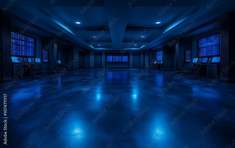Poster A dimly lit, blue-toned room with a reflective floor and illuminated screens, creating a high-tech and futuristic atmosphere.