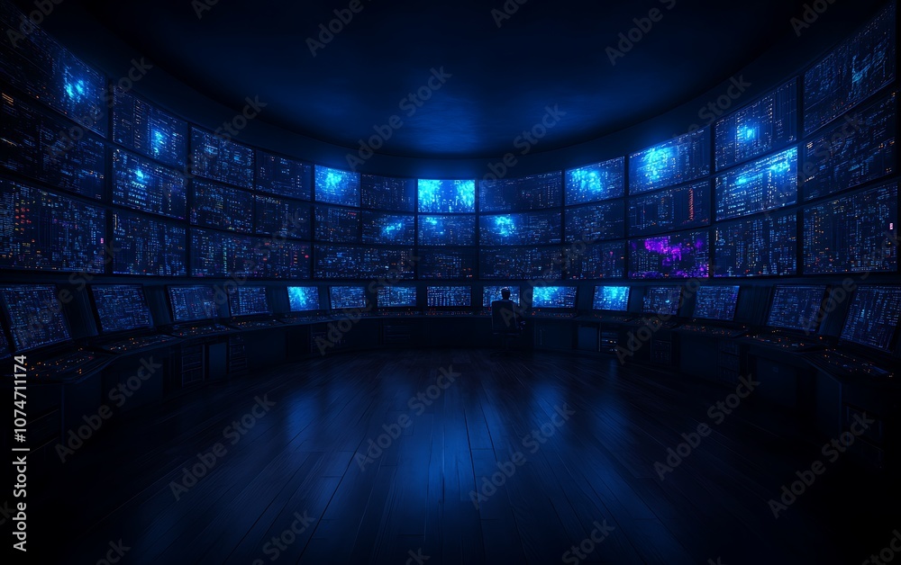 Leinwandbilder a high-tech room filled with multiple screens displaying blue visuals, creating a futuristic and imm