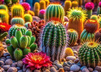 Fototapeta premium Vibrant Macro Photography of Diverse Cactus Species in a Desert Setting Featuring Colorful Blossoms and Unique Textures Amidst Natural Rock Elements