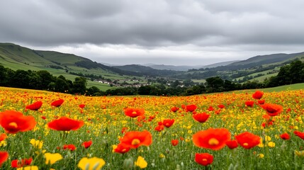 Naklejka premium A vibrant field of red poppies and yellow flowers stretches across a picturesque landscape under a cloudy sky, showcasing nature's beauty.