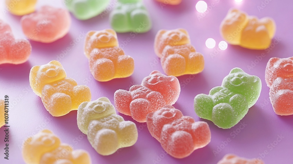 Leinwandbilder Vibrant gummy bears scattered on a soft purple background with soft bokeh lights that enhance the candies  shiny texture and vibrant colors creating a tempting whimsical and appetizing scene