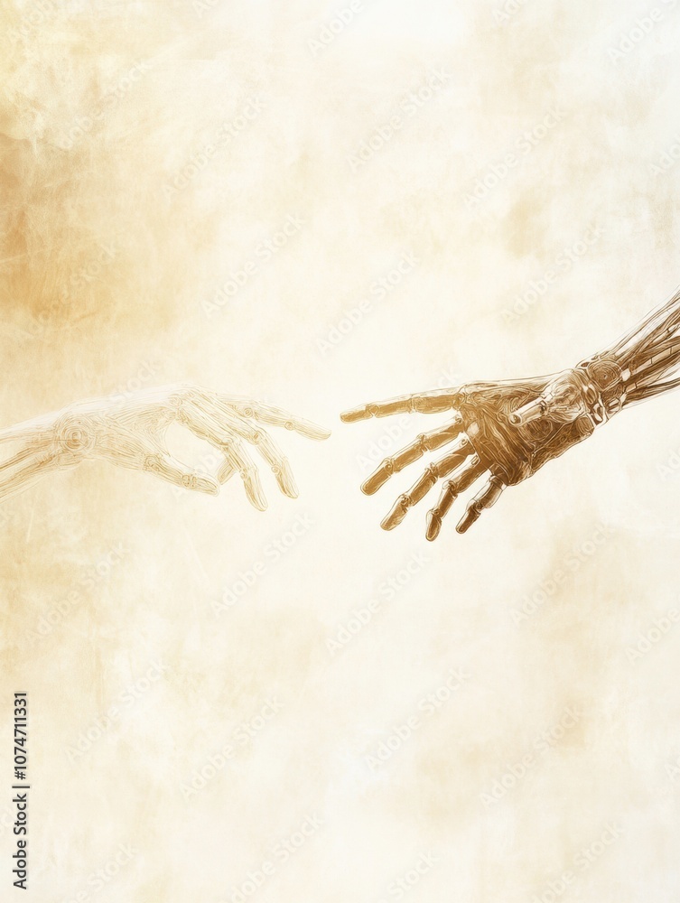 Poster a human hand and a robotic hand reach out to one another, symbolizing the bond between humanity and 