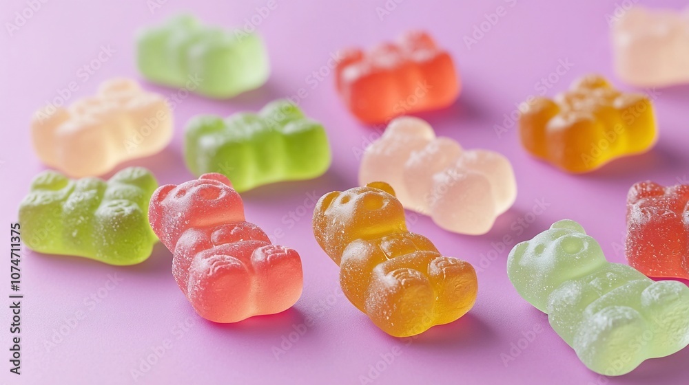 Leinwandbilder vibrant and shiny gummy bears scattered on a glowing purple background with soft out of focus bokeh 