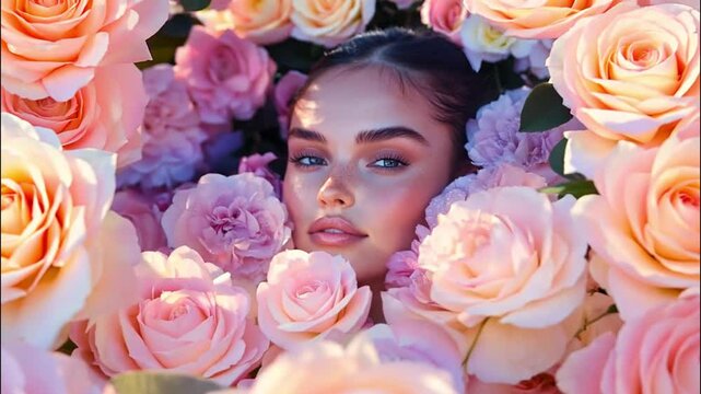 Woman surrounded by pink flowers, expressing beauty and femininity in nature