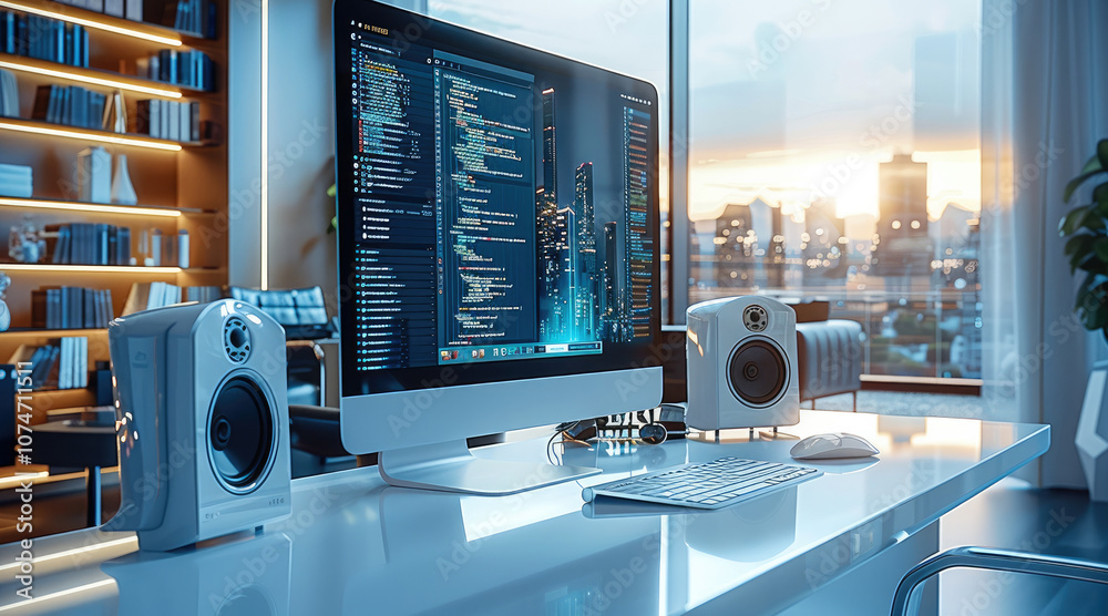 Poster Computer room with computer monitor, speakers, mainframe and keyboard on desktop.