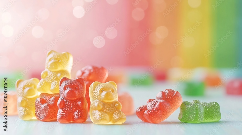 Aufkleber close up of colorful glossy gummy bears against a vibrant rainbow background highlighted with a deli