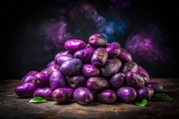 Pile of Fresh Purple Potatoes Isolated on Artistic Black Background Perfect for Creative Culinary Designs and Organic Food Promotions in Stock Photography
