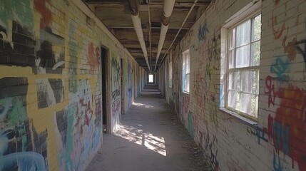 Abandoned corridor with graffiti and windows.