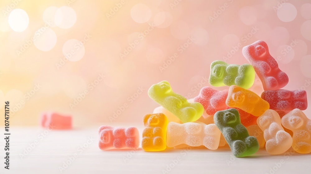 Aufkleber Vibrant and Inviting Gummy Bears Arranged on a Soft Pastel Gradient Background with Gentle Bokeh Effects Creating a Sweet and Tempting Atmosphere