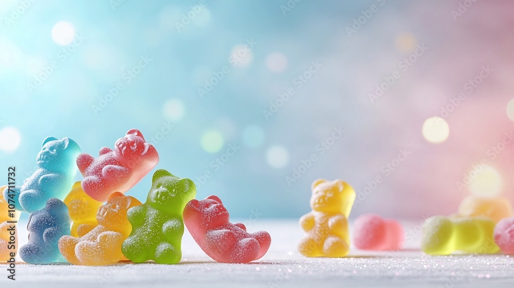 Aufkleber Colorful gummy bears resting on a soft pastel gradient background with gentle bokeh effects creating an inviting sweet and visually appealing atmosphere