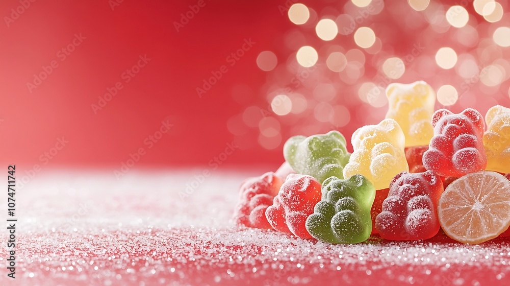 Aufkleber Assorted vibrant gummy bears in various colors and shapes displayed on a bright red background with sparkling bokeh lights creating a captivating and enticing visual effect