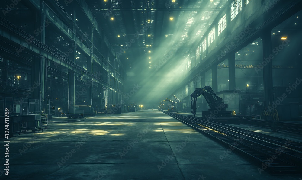 Poster a vast, dimly lit industrial space illuminated by beams of light, showcasing machinery and an empty 