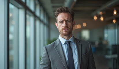 Fototapeta premium Businessman with serious expression standing in modern office against blurred background