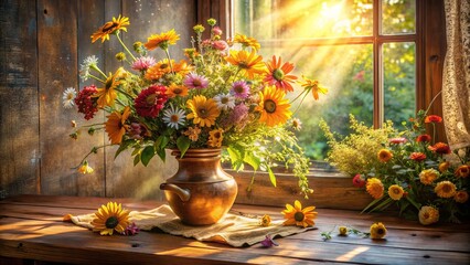 A Rustic Windowsill With a Bouquet of Flowers in a Copper Vase, Bathed in Golden Sunlight © Kukar Studio