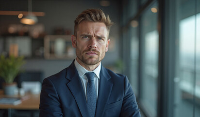 Fototapeta premium Businessman with serious expression looking concerned in modern office