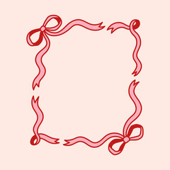 Frame of coquette pretty charming bows and ribbons. Hand drawn holiday ribbons border. Vintage bowknots frame for greeting cards, wedding, invitations