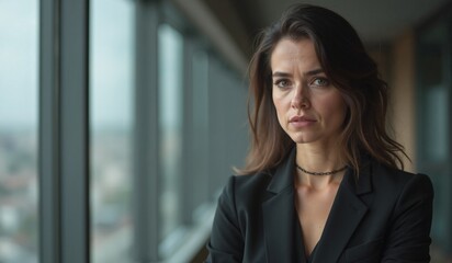 Woman with serious expression contemplating against office window backdrop