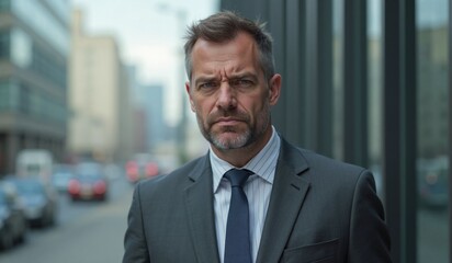 Fototapeta premium Serious businessman with intense expression standing against urban background